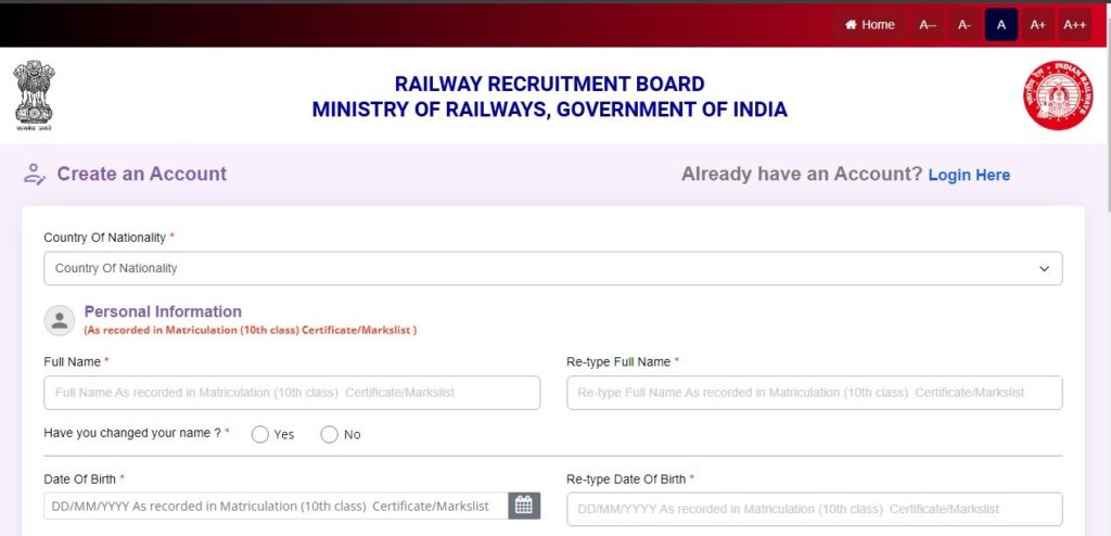RRB Technician Create Account